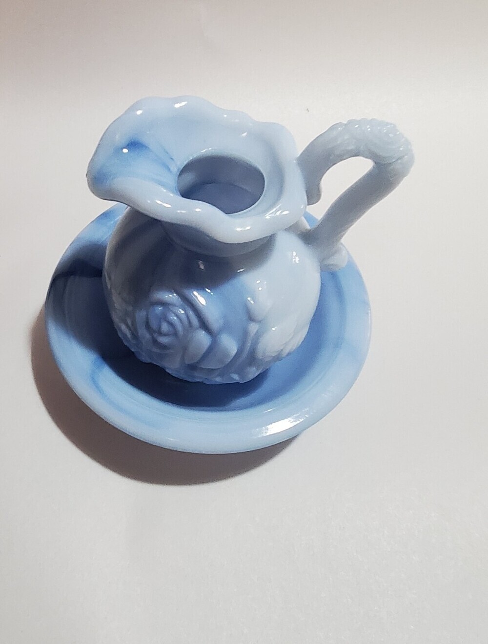 VINTAGE AVON VICTORIANA BUBBLE BATH PITCHER & BOWL SET MAY 1978. blue Marb. Glas
